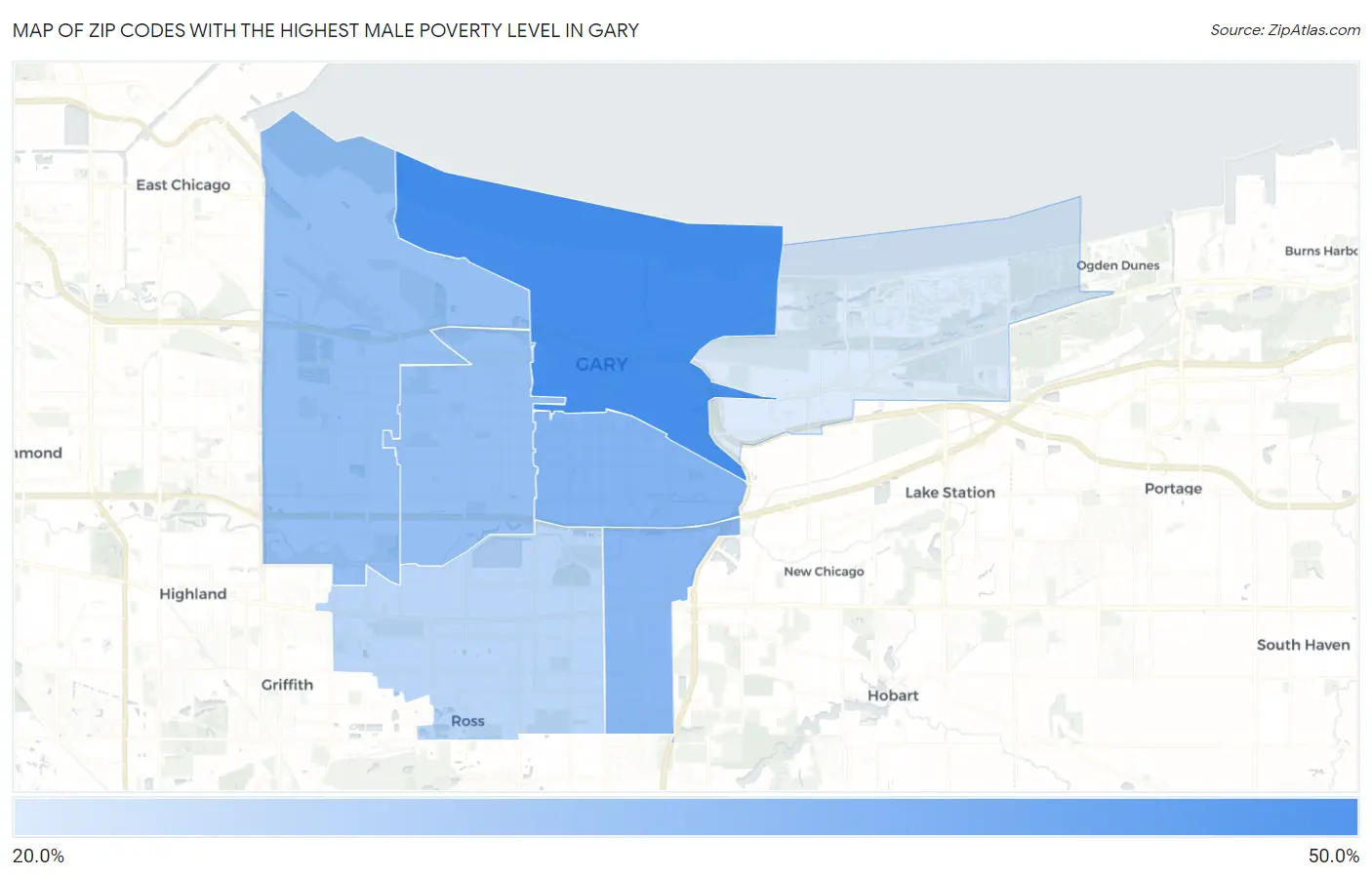 Zip Codes with the Highest Male Poverty Level in Gary Map