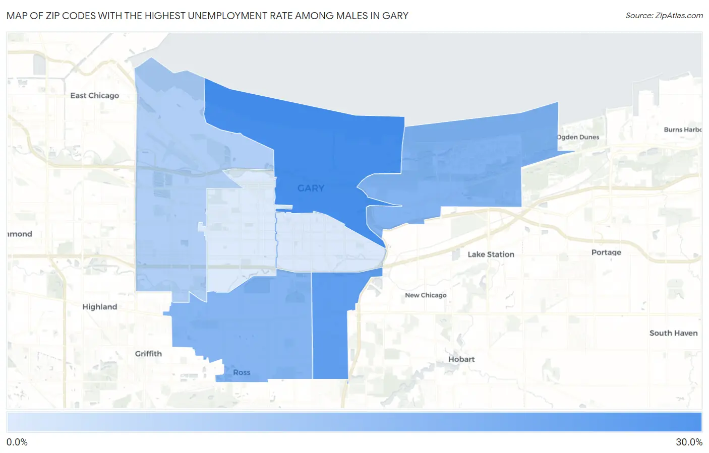 Zip Codes with the Highest Unemployment Rate Among Males in Gary Map