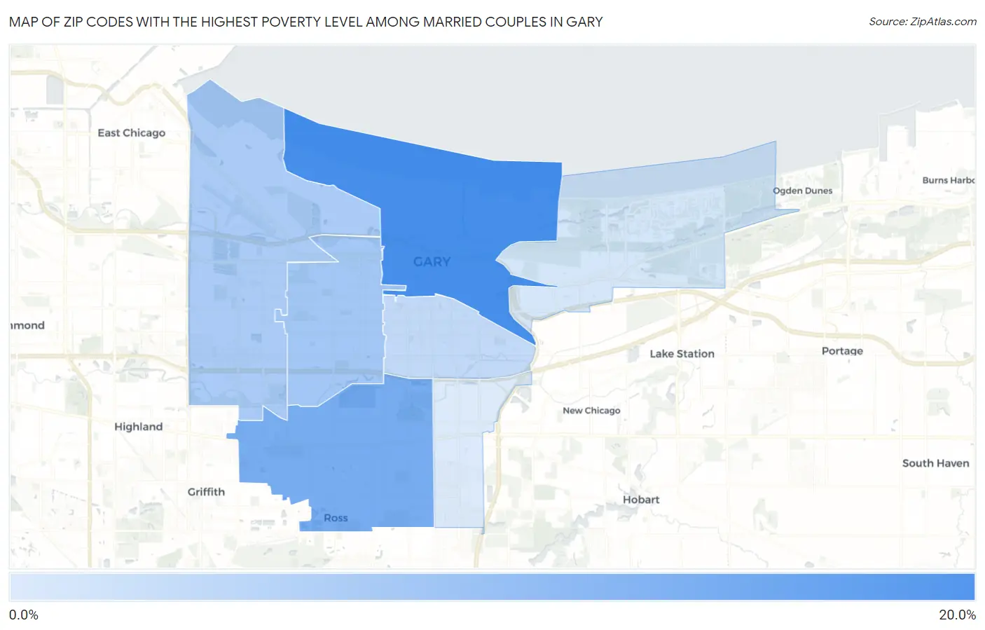 Zip Codes with the Highest Poverty Level Among Married Couples in Gary Map