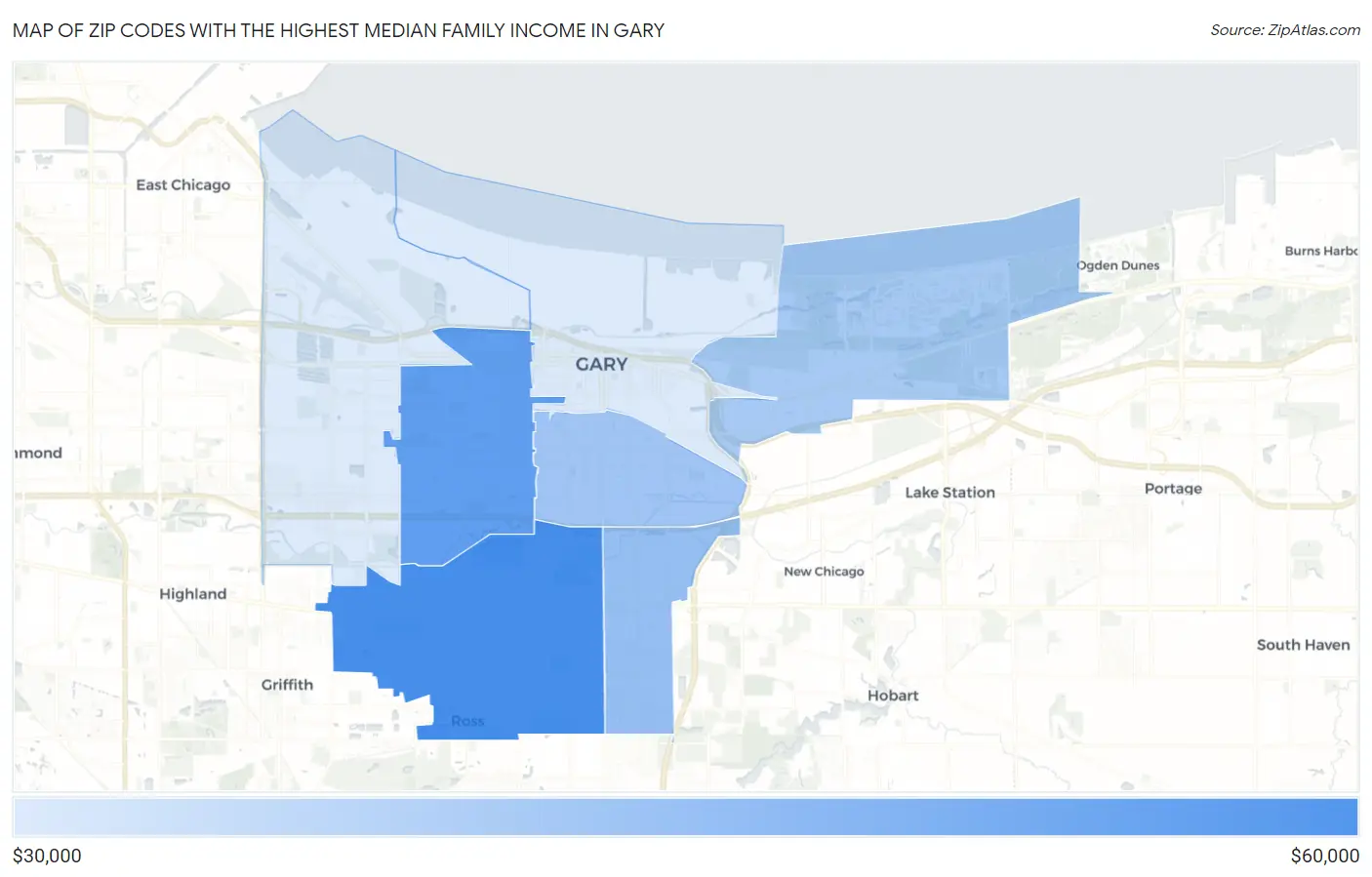 Zip Codes with the Highest Median Family Income in Gary Map