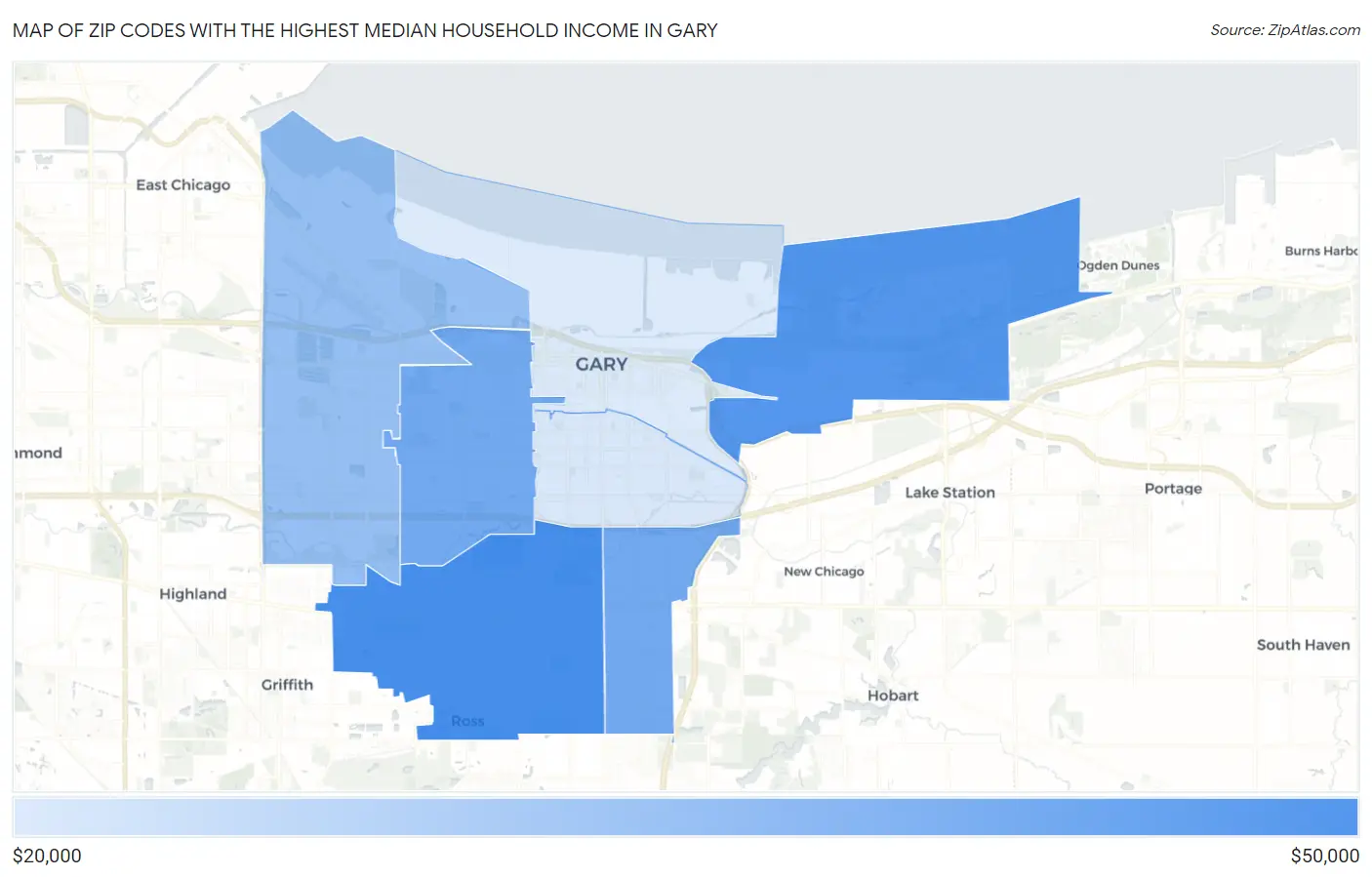 Zip Codes with the Highest Median Household Income in Gary Map