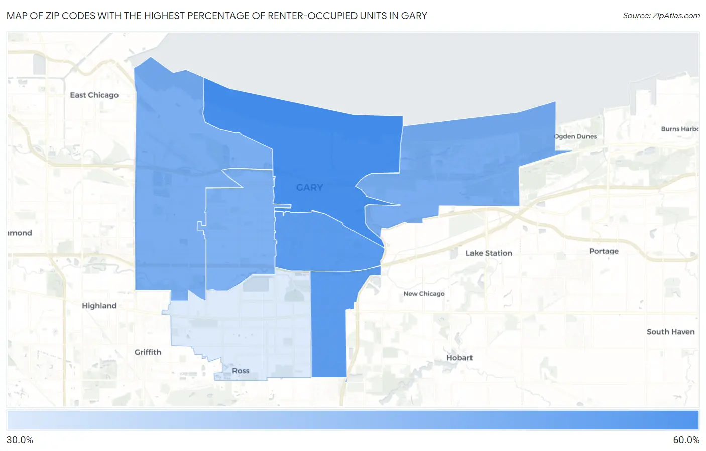 Zip Codes with the Highest Percentage of Renter-Occupied Units in Gary Map