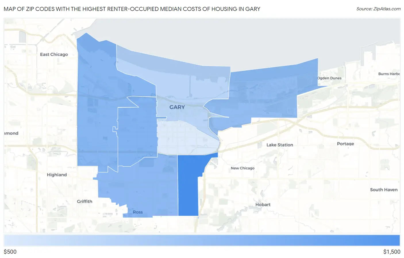 Zip Codes with the Highest Renter-Occupied Median Costs of Housing in Gary Map