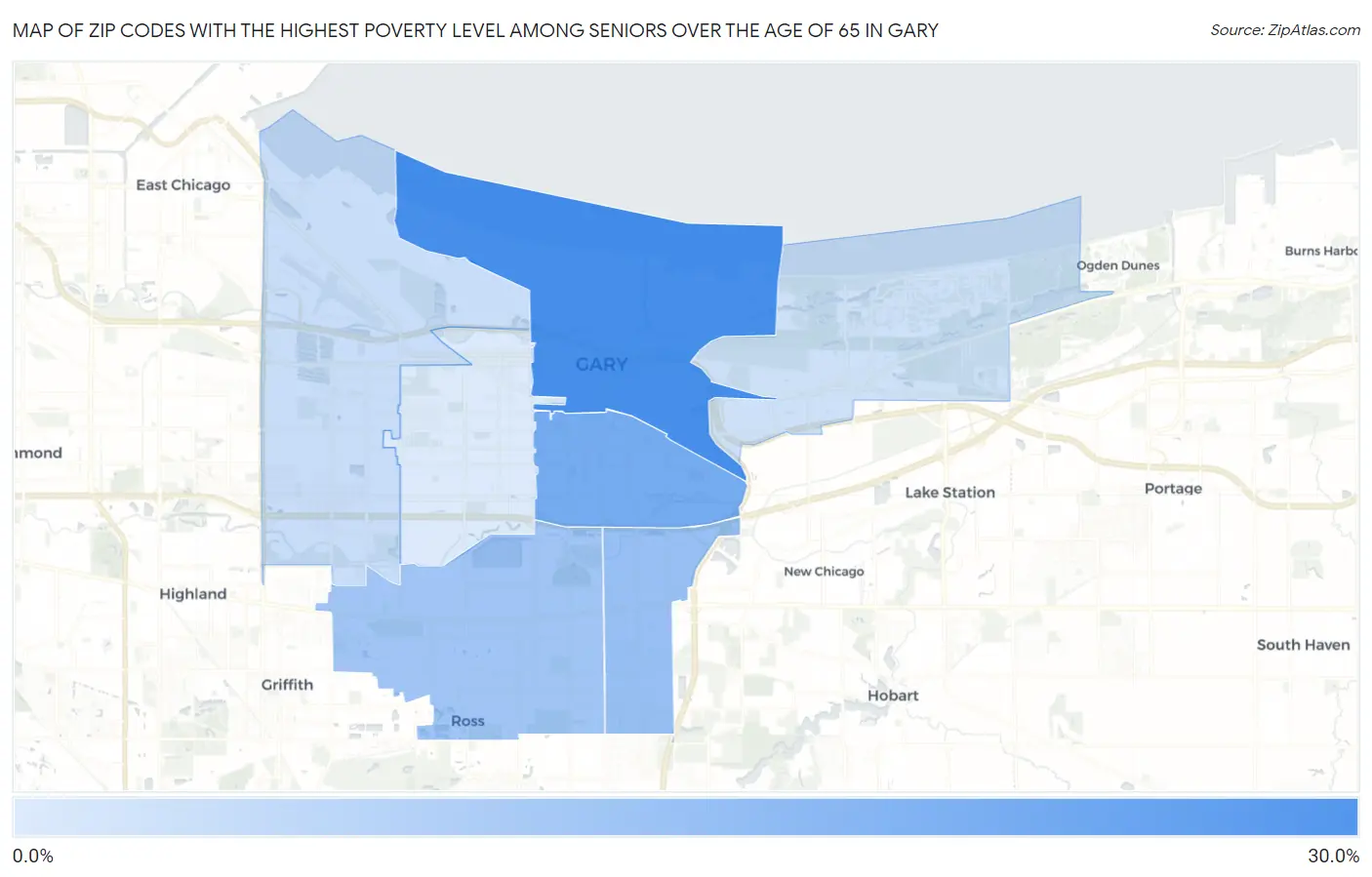 Zip Codes with the Highest Poverty Level Among Seniors Over the Age of 65 in Gary Map