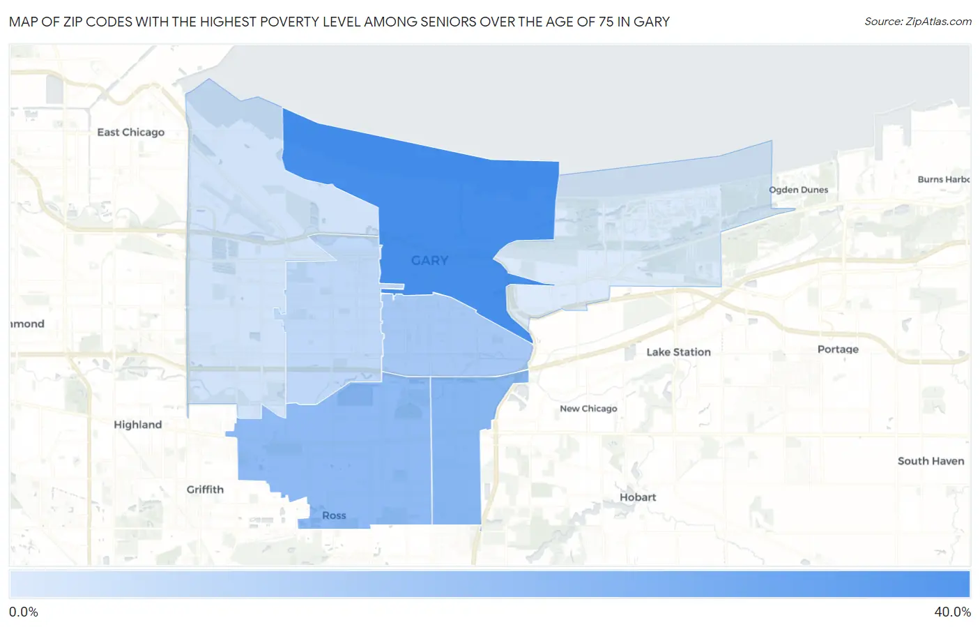 Zip Codes with the Highest Poverty Level Among Seniors Over the Age of 75 in Gary Map