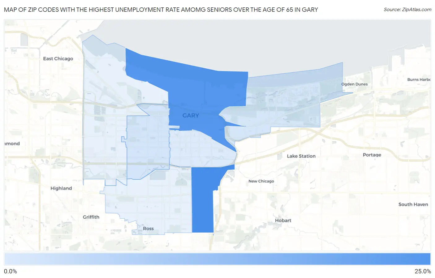 Zip Codes with the Highest Unemployment Rate Amomg Seniors Over the Age of 65 in Gary Map