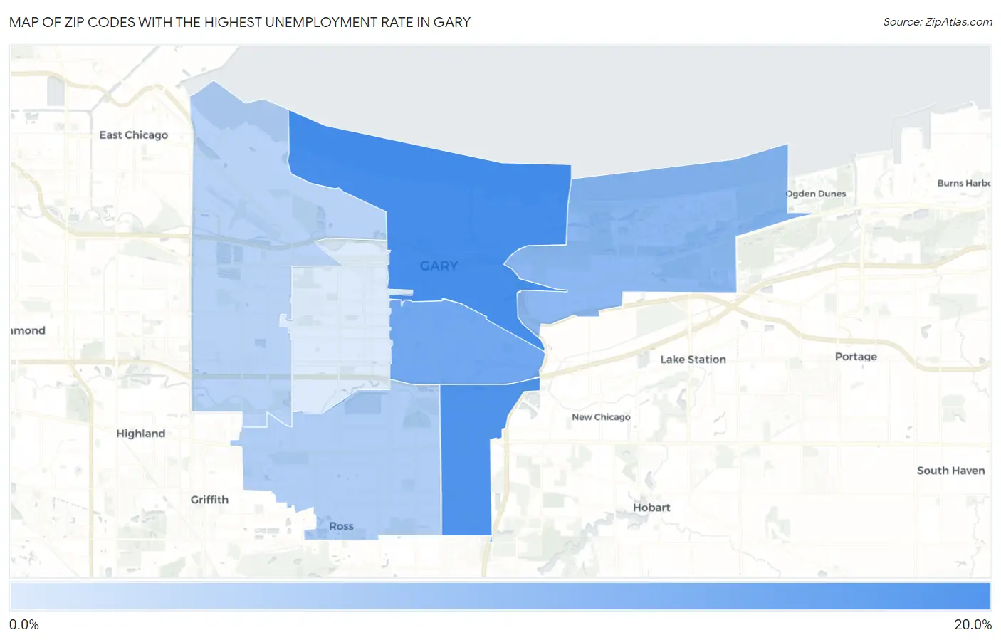 Zip Codes with the Highest Unemployment Rate in Gary Map
