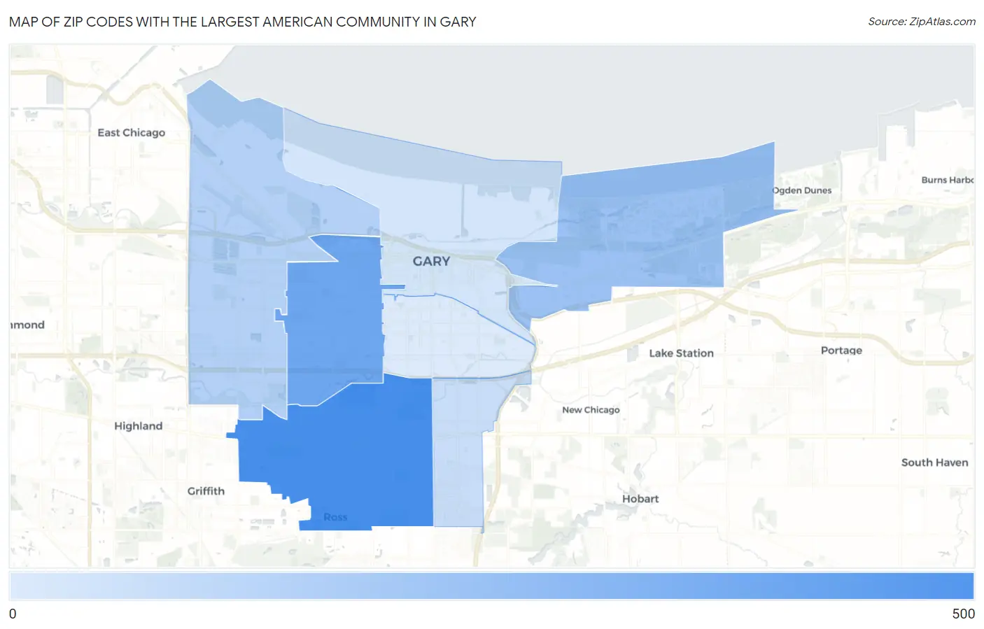 Zip Codes with the Largest American Community in Gary Map