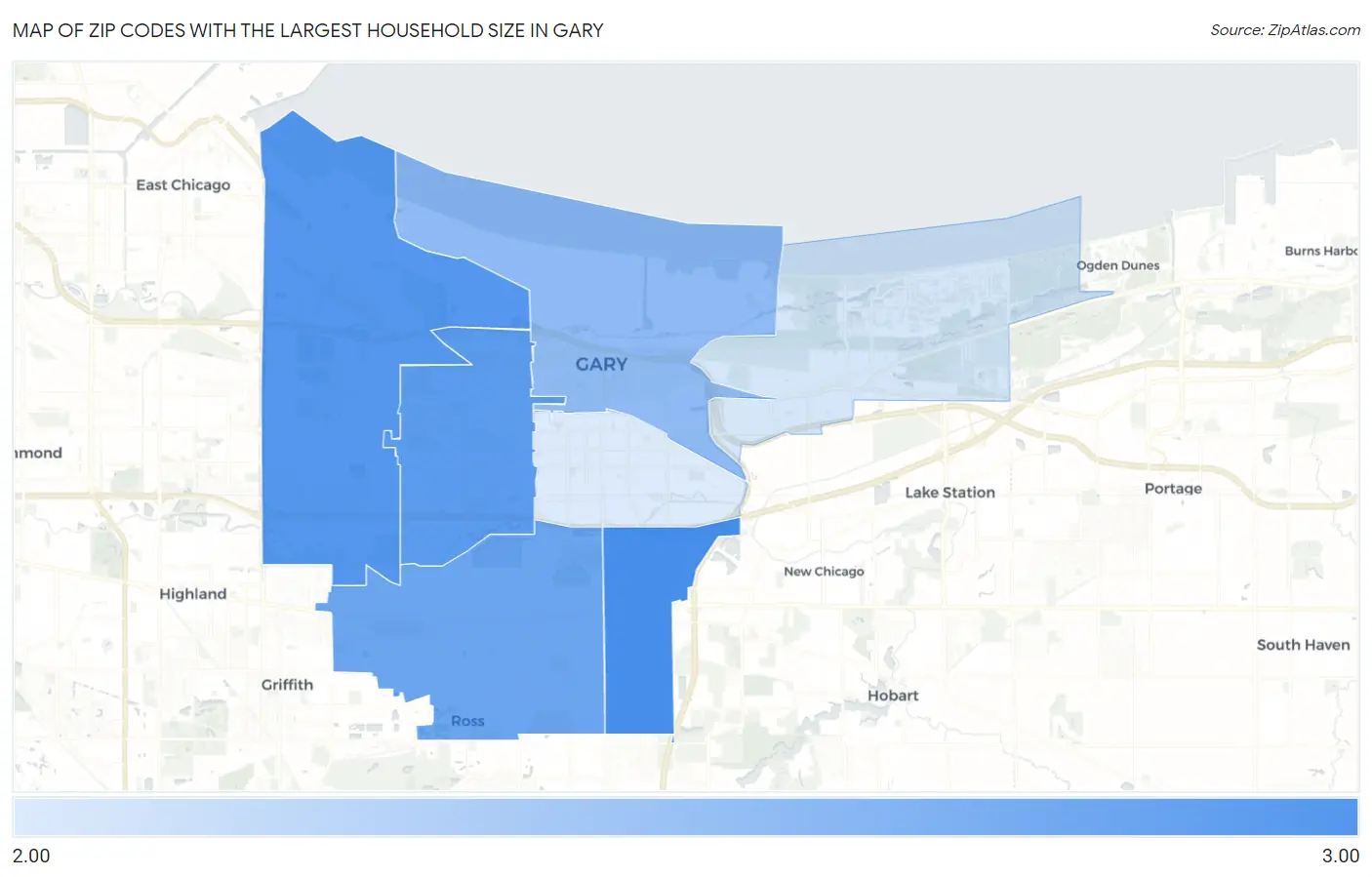 Zip Codes with the Largest Household Size in Gary Map