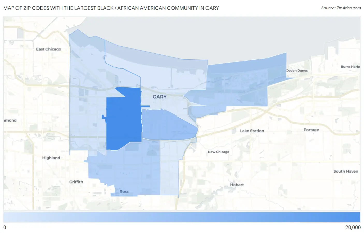 Zip Codes with the Largest Black / African American Community in Gary Map