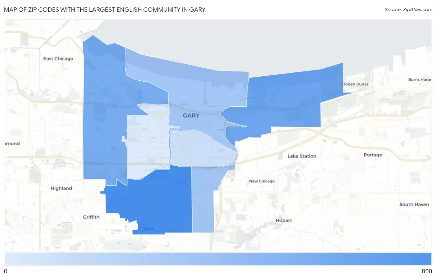 Zip Codes with the Largest English Community in Gary Map
