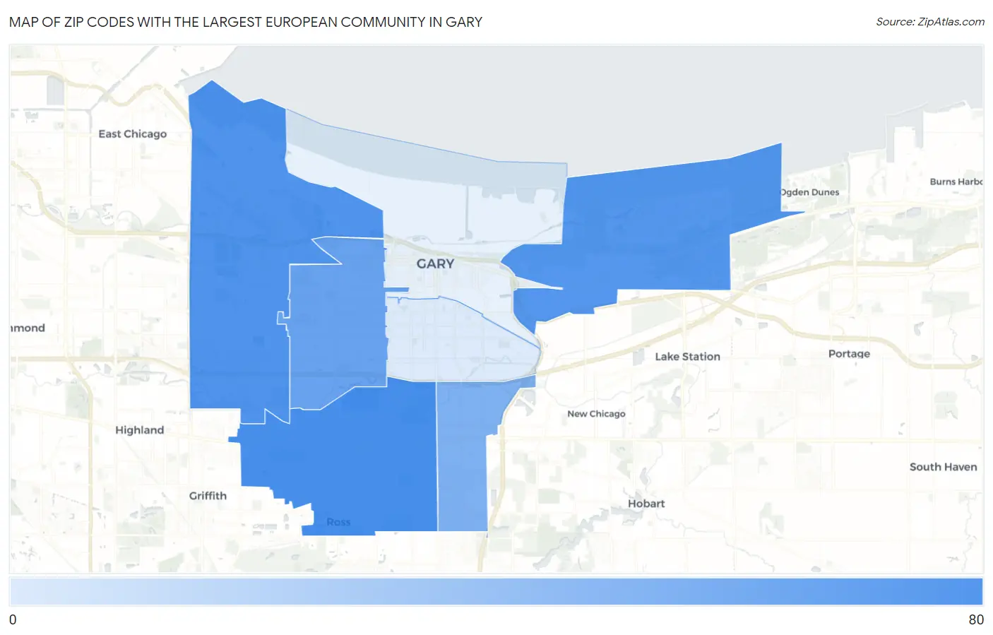 Zip Codes with the Largest European Community in Gary Map