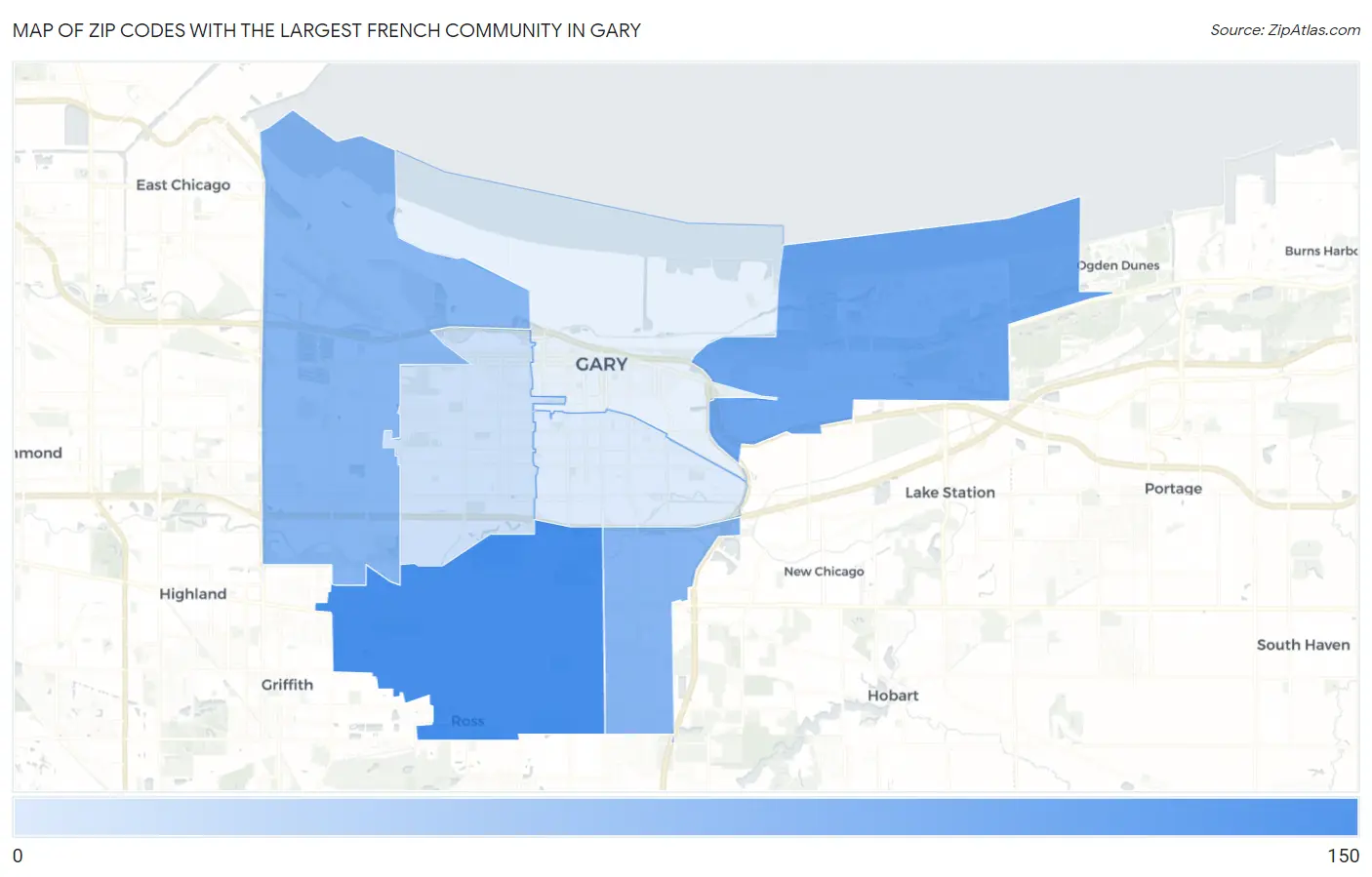 Zip Codes with the Largest French Community in Gary Map