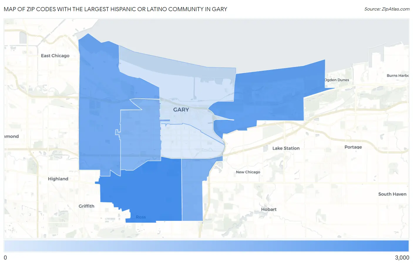 Zip Codes with the Largest Hispanic or Latino Community in Gary Map