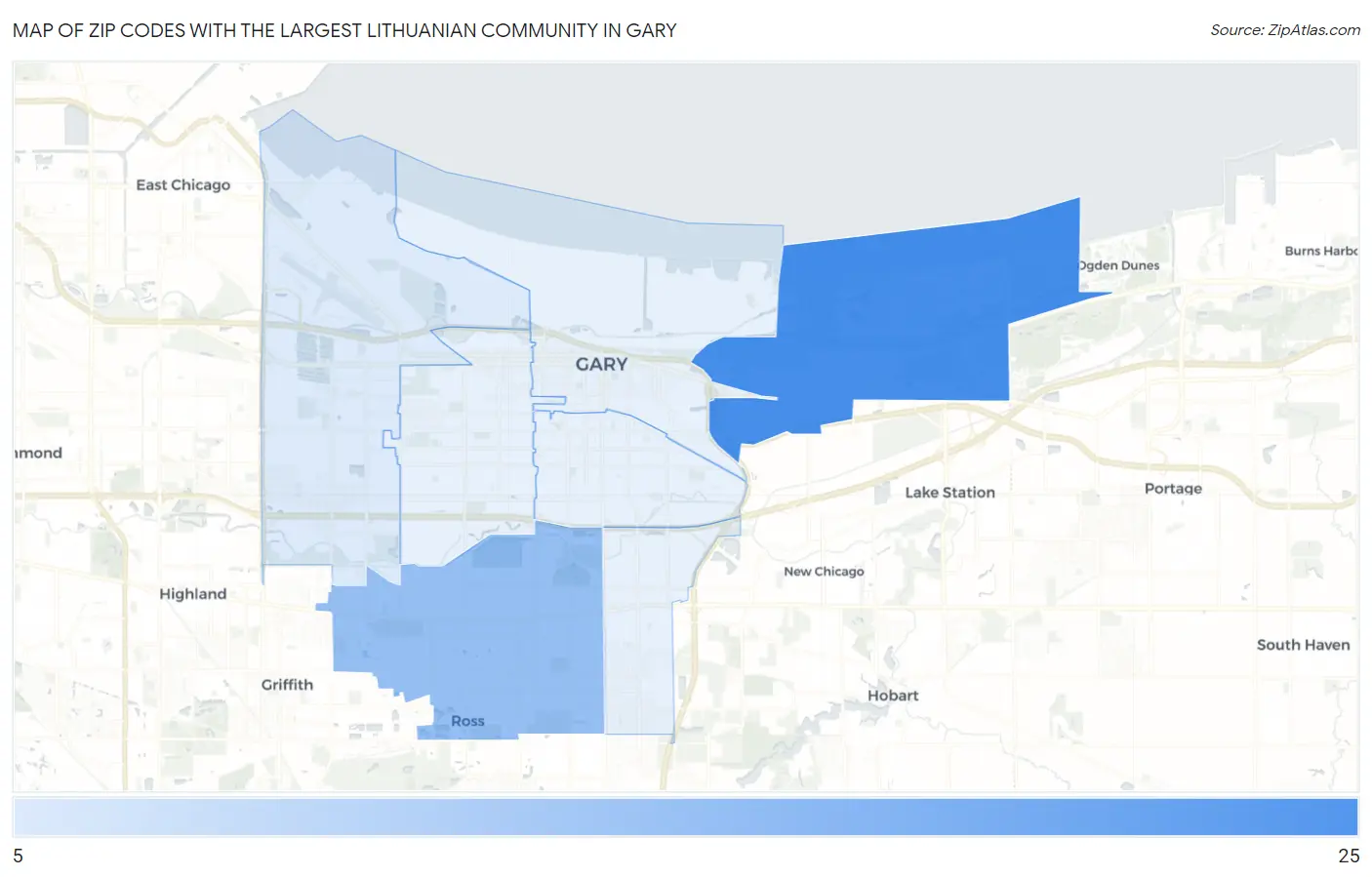 Zip Codes with the Largest Lithuanian Community in Gary Map