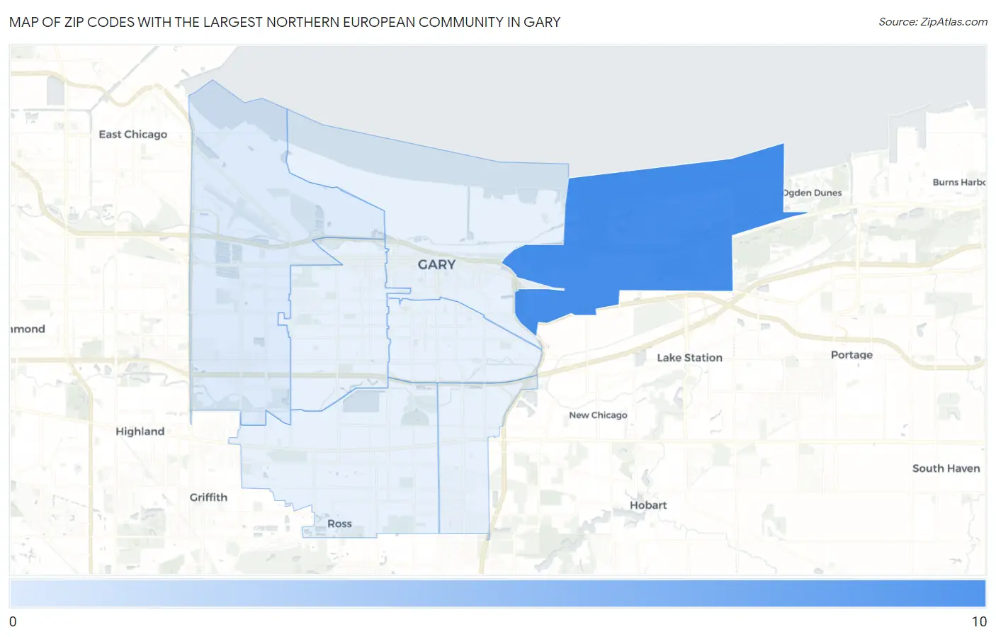 Zip Codes with the Largest Northern European Community in Gary Map