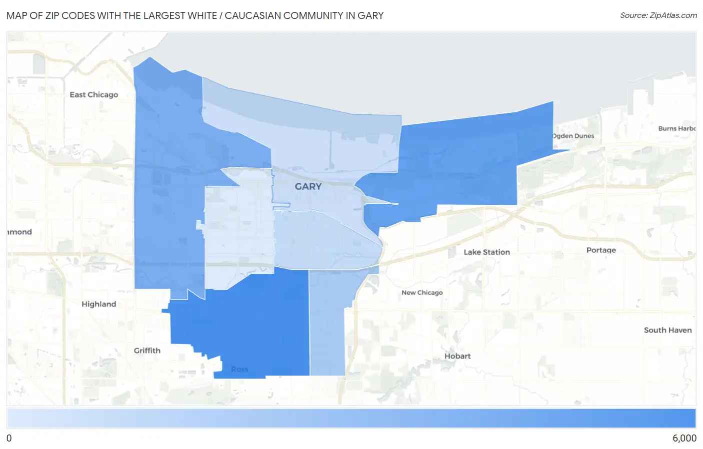 Zip Codes with the Largest White / Caucasian Community in Gary Map
