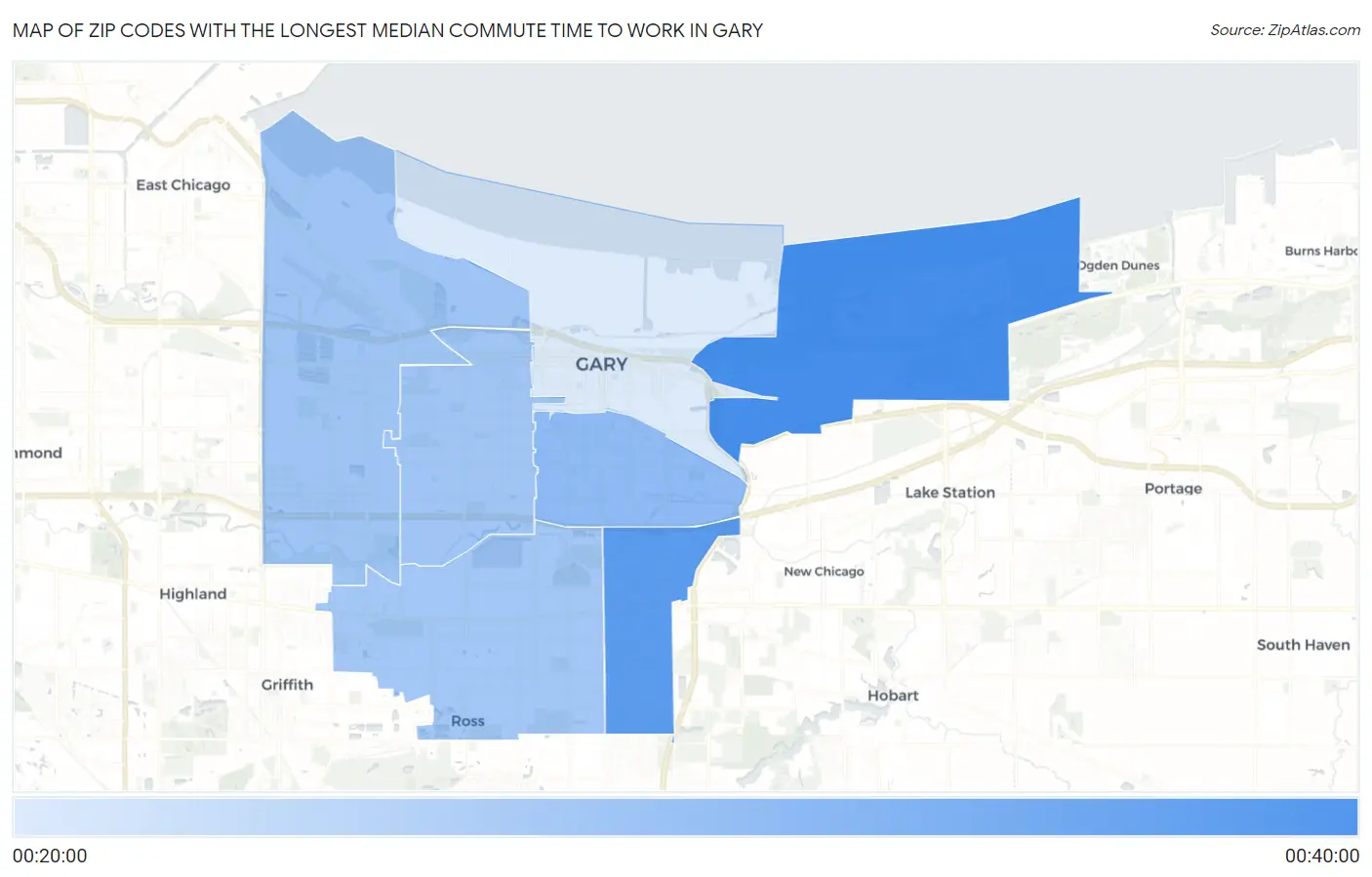 Zip Codes with the Longest Median Commute Time to Work in Gary Map