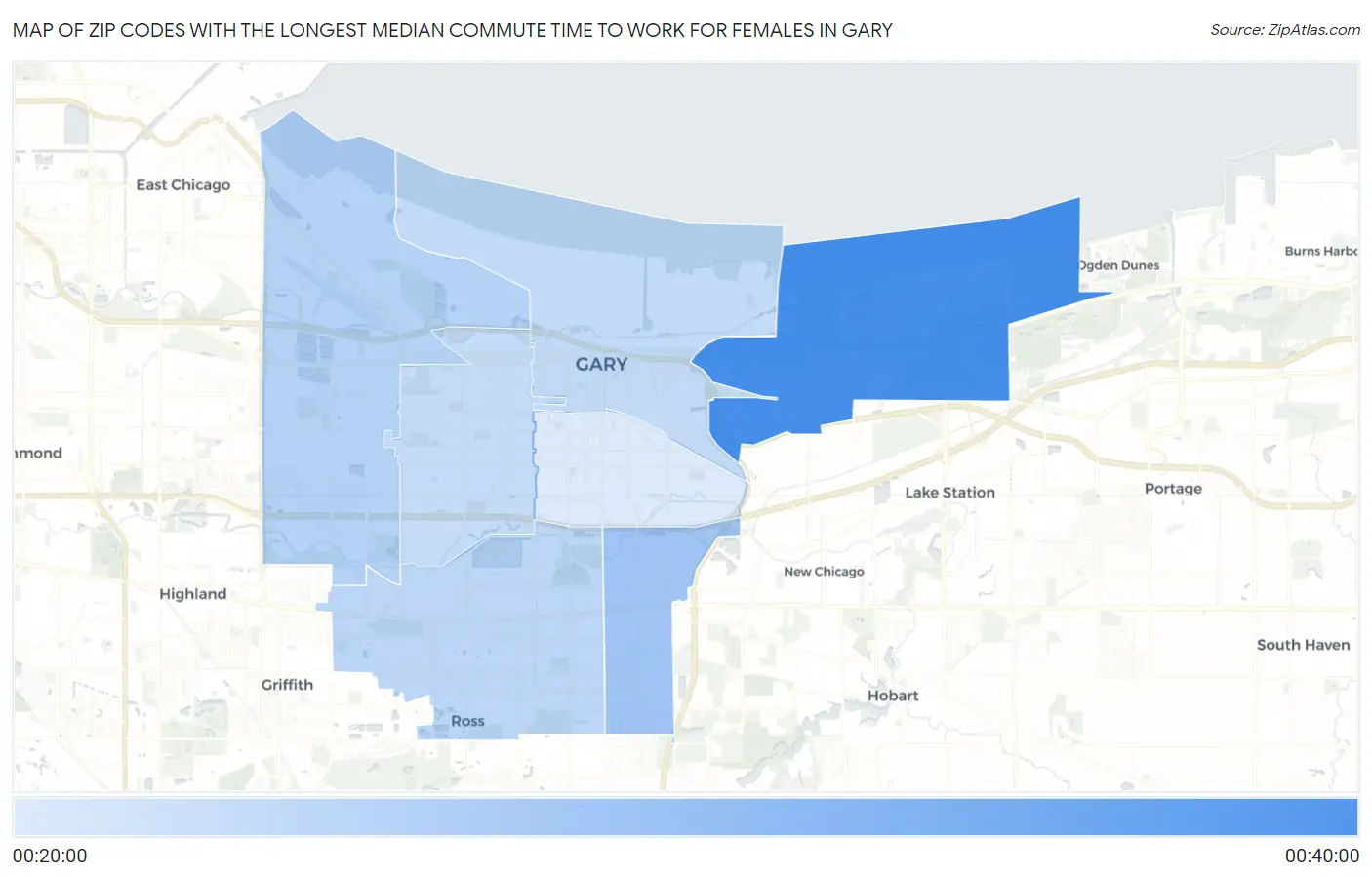 Zip Codes with the Longest Median Commute Time to Work for Females in Gary Map