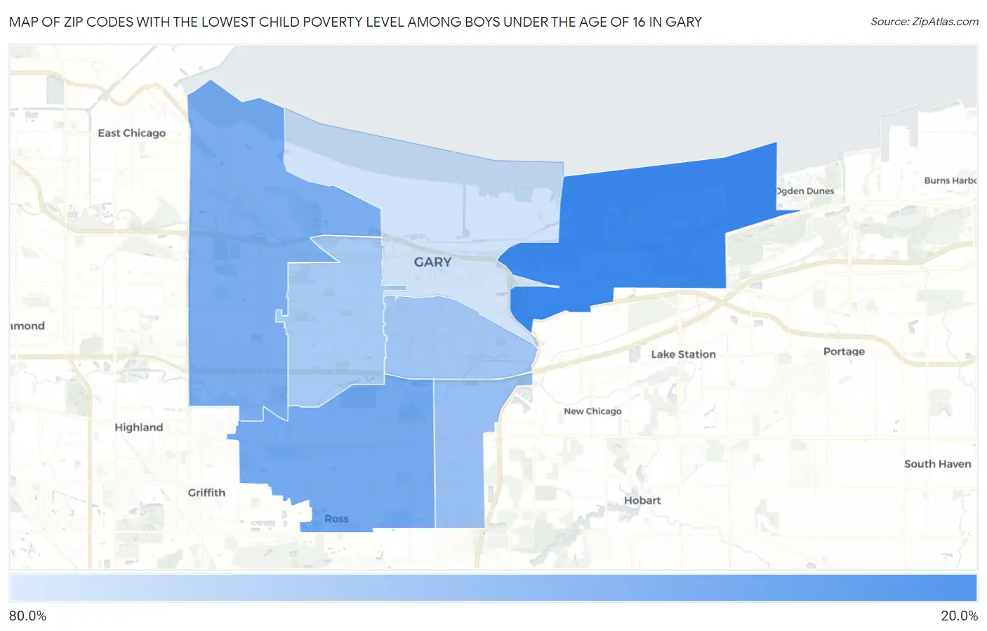 Zip Codes with the Lowest Child Poverty Level Among Boys Under the Age of 16 in Gary Map