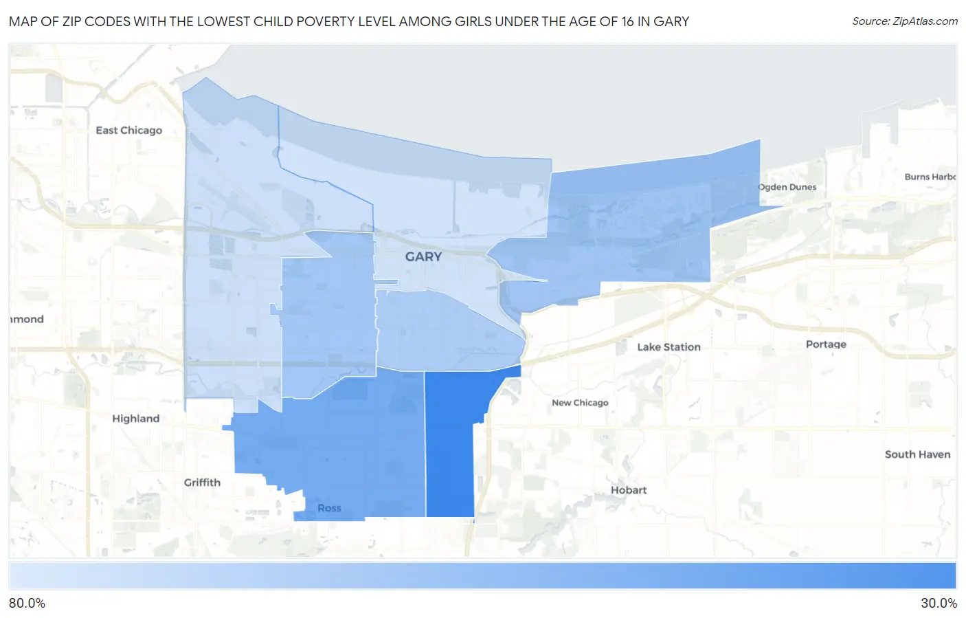 Zip Codes with the Lowest Child Poverty Level Among Girls Under the Age of 16 in Gary Map