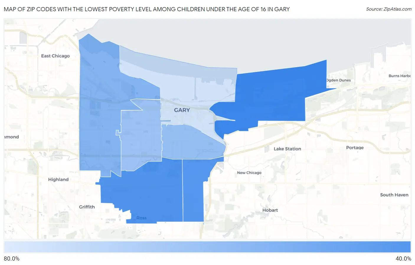 Zip Codes with the Lowest Poverty Level Among Children Under the Age of 16 in Gary Map