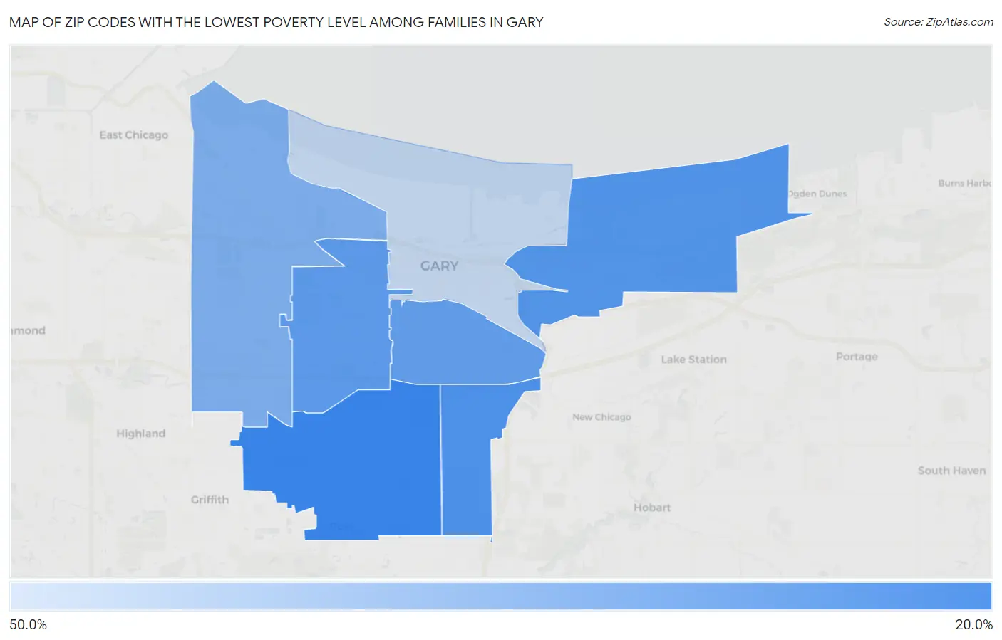 Zip Codes with the Lowest Poverty Level Among Families in Gary Map