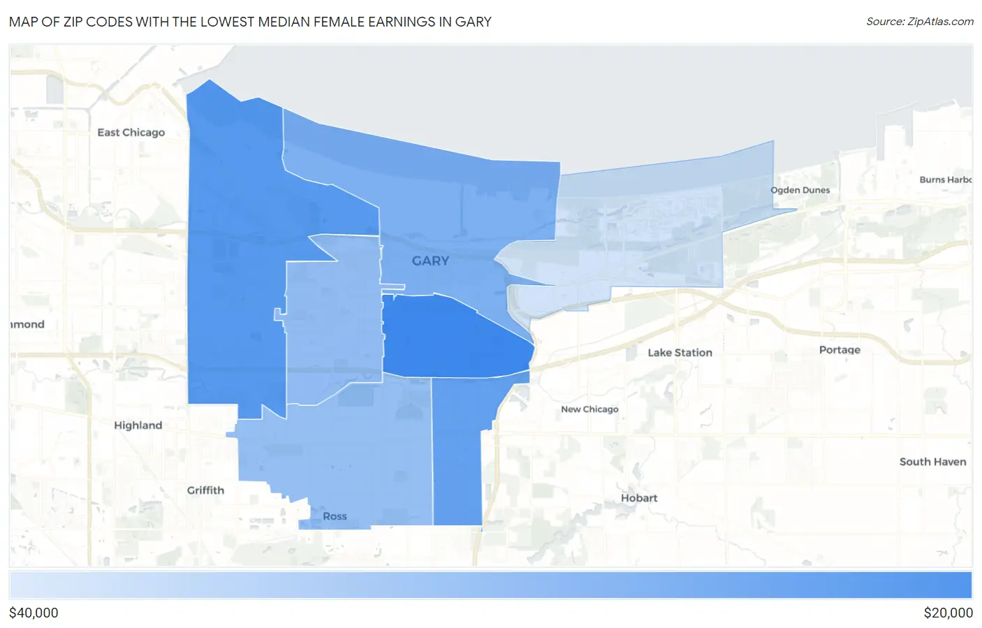 Zip Codes with the Lowest Median Female Earnings in Gary Map