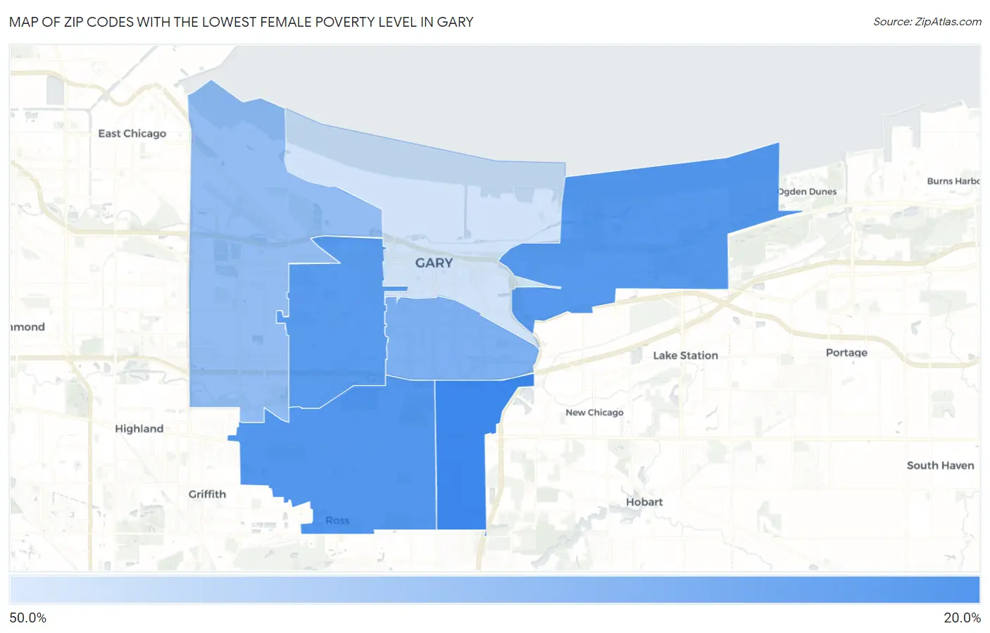Zip Codes with the Lowest Female Poverty Level in Gary Map
