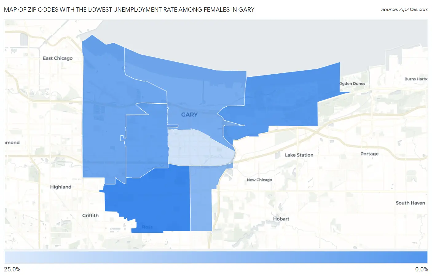 Zip Codes with the Lowest Unemployment Rate Among Females in Gary Map