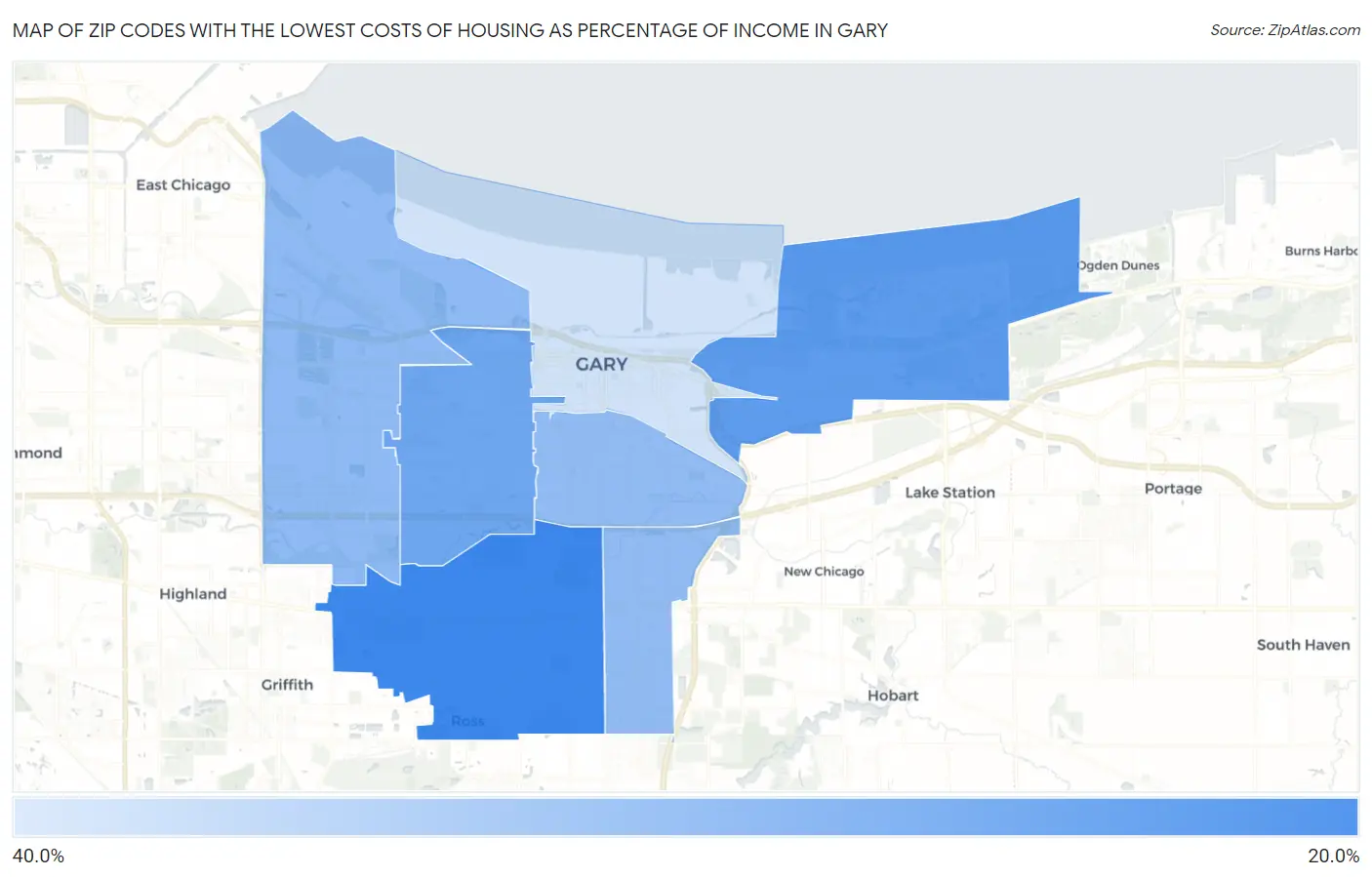 Zip Codes with the Lowest Costs of Housing as Percentage of Income in Gary Map