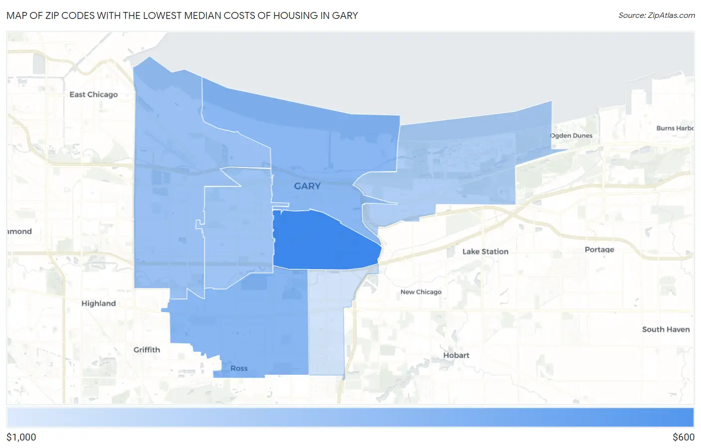Zip Codes with the Lowest Median Costs of Housing in Gary Map