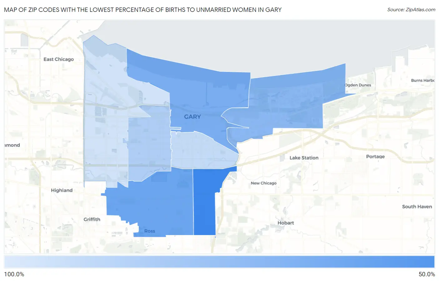 Zip Codes with the Lowest Percentage of Births to Unmarried Women in Gary Map