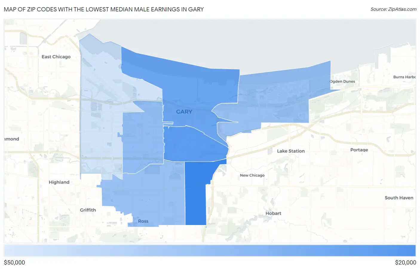 Zip Codes with the Lowest Median Male Earnings in Gary Map