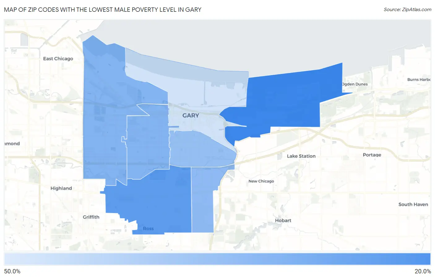 Zip Codes with the Lowest Male Poverty Level in Gary Map