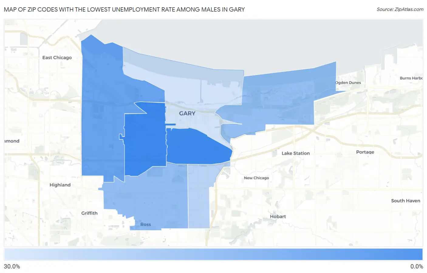 Zip Codes with the Lowest Unemployment Rate Among Males in Gary Map