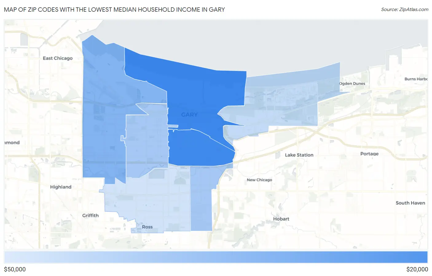 Zip Codes with the Lowest Median Household Income in Gary Map
