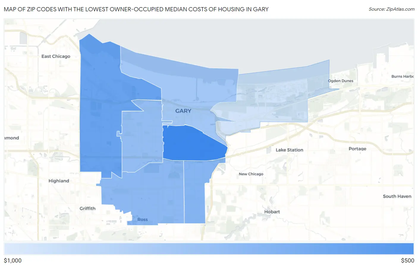 Zip Codes with the Lowest Owner-Occupied Median Costs of Housing in Gary Map