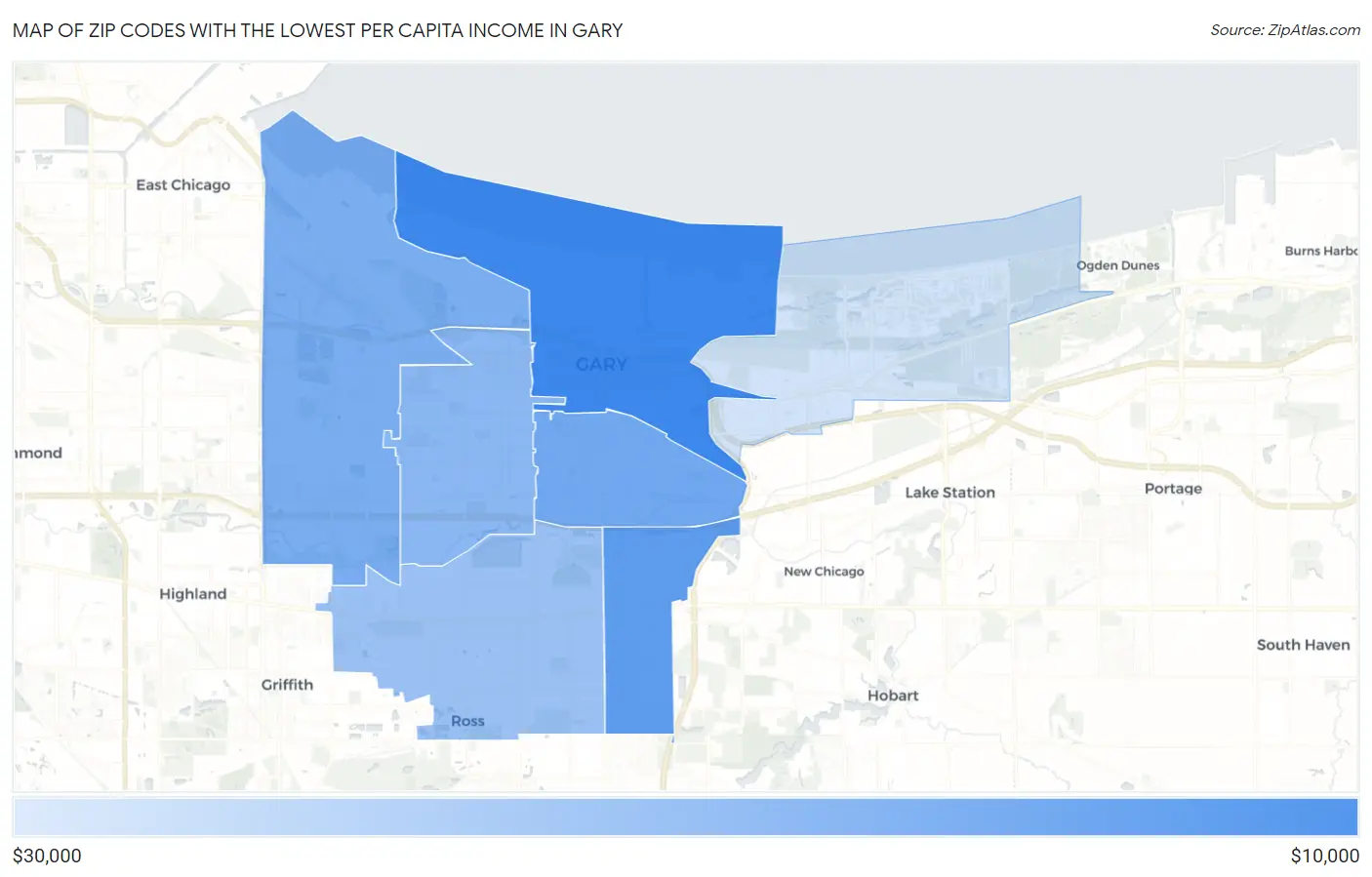 Zip Codes with the Lowest Per Capita Income in Gary Map