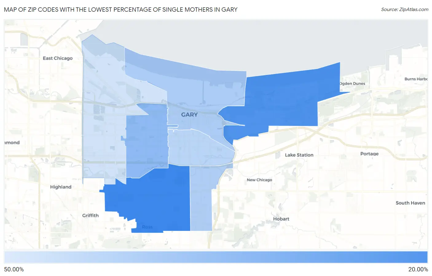 Zip Codes with the Lowest Percentage of Single Mothers in Gary Map