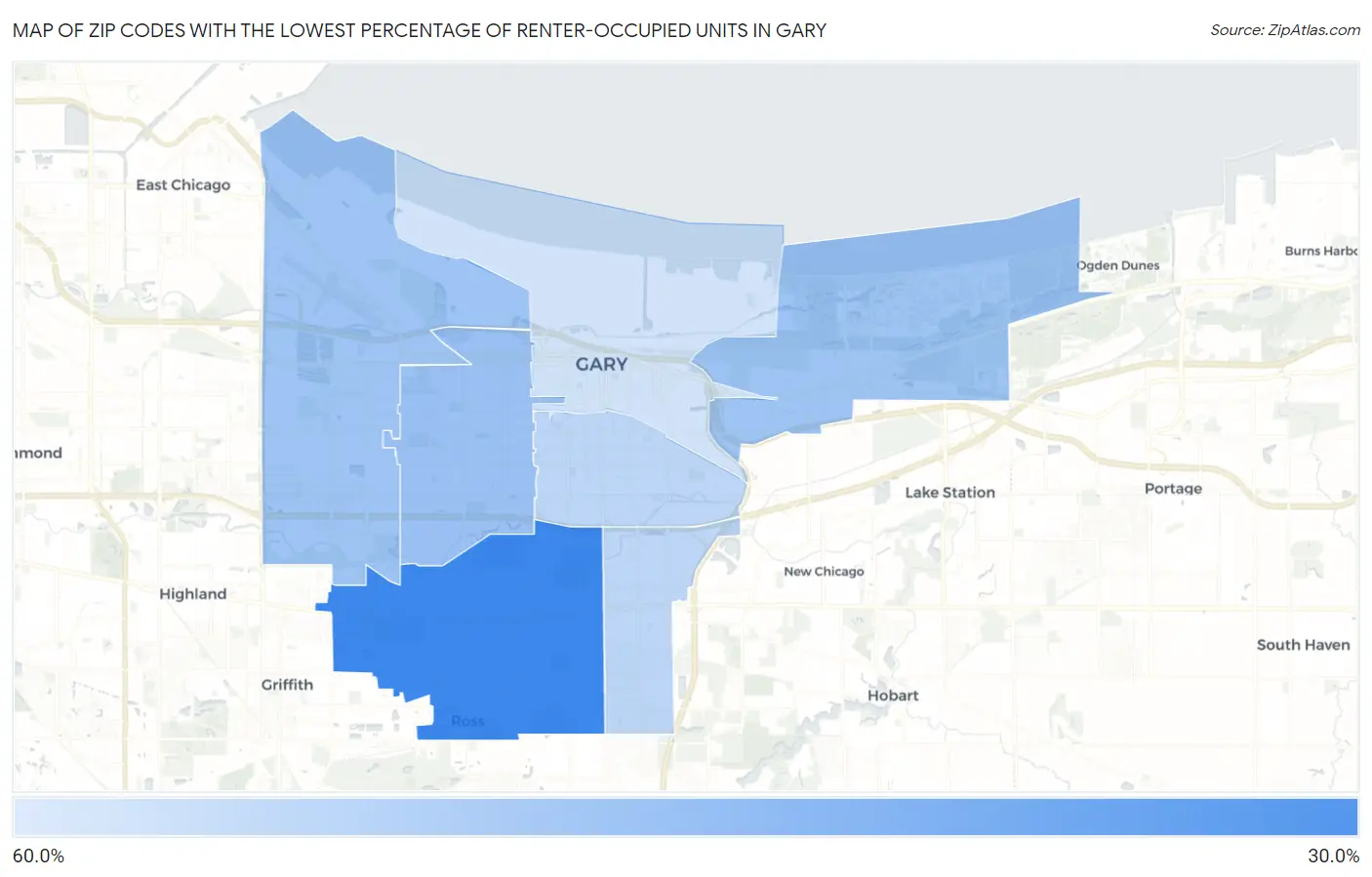 Zip Codes with the Lowest Percentage of Renter-Occupied Units in Gary Map