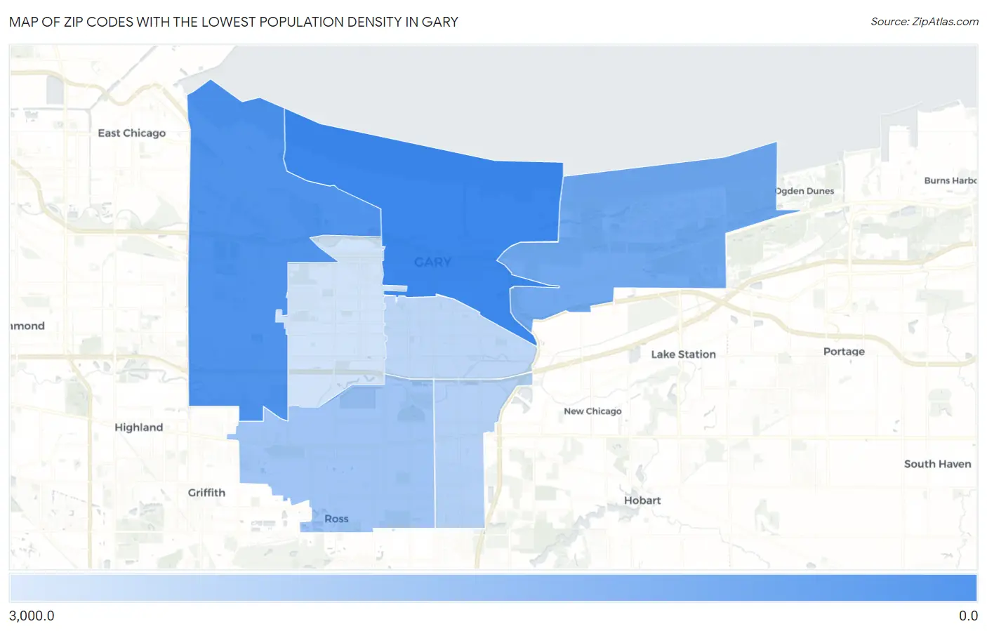 Zip Codes with the Lowest Population Density in Gary Map