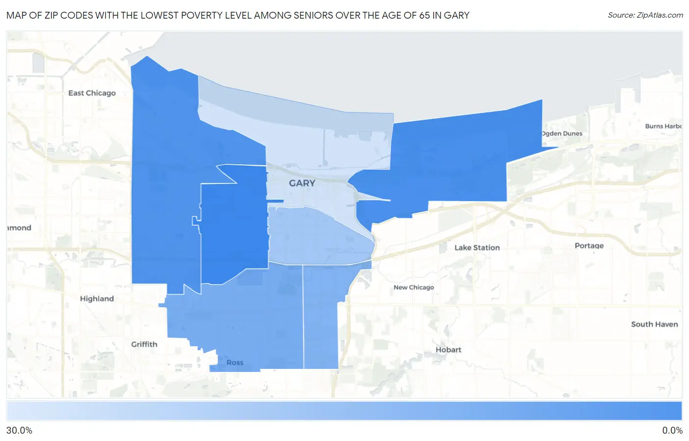 Zip Codes with the Lowest Poverty Level Among Seniors Over the Age of 65 in Gary Map