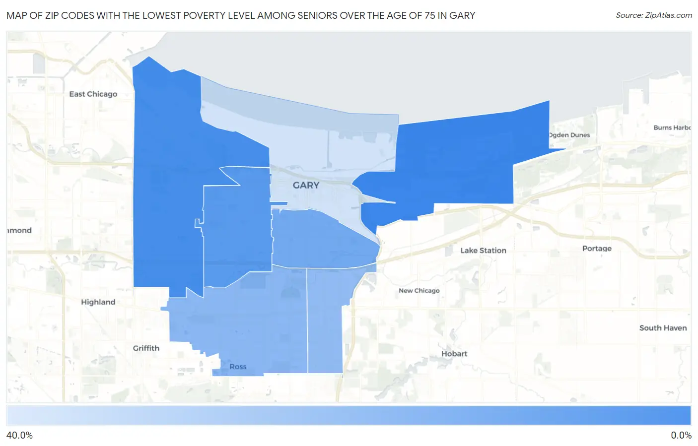 Zip Codes with the Lowest Poverty Level Among Seniors Over the Age of 75 in Gary Map