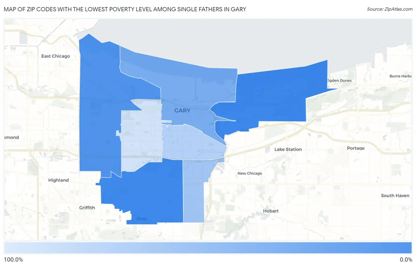 Zip Codes with the Lowest Poverty Level Among Single Fathers in Gary Map
