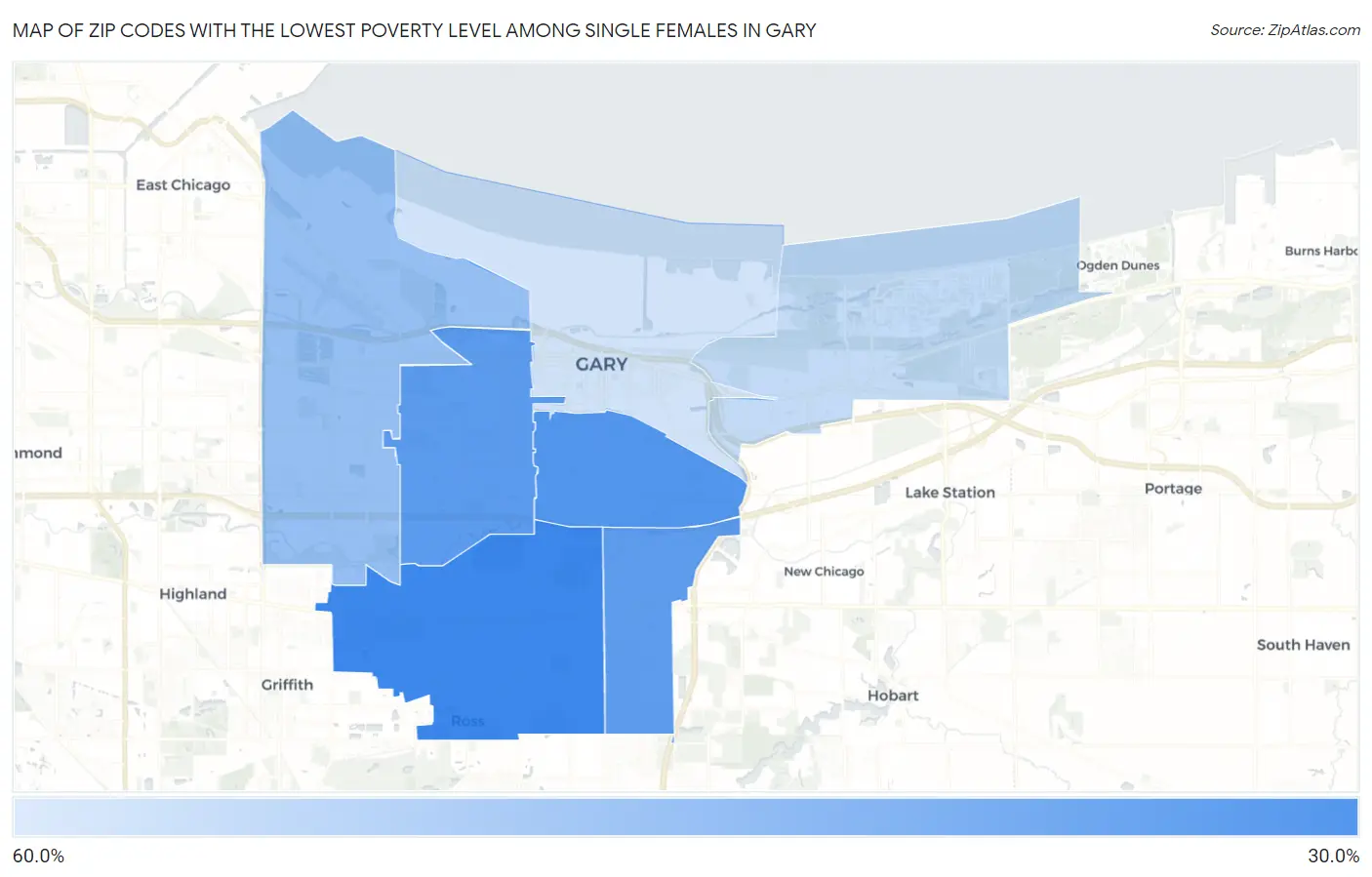 Zip Codes with the Lowest Poverty Level Among Single Females in Gary Map