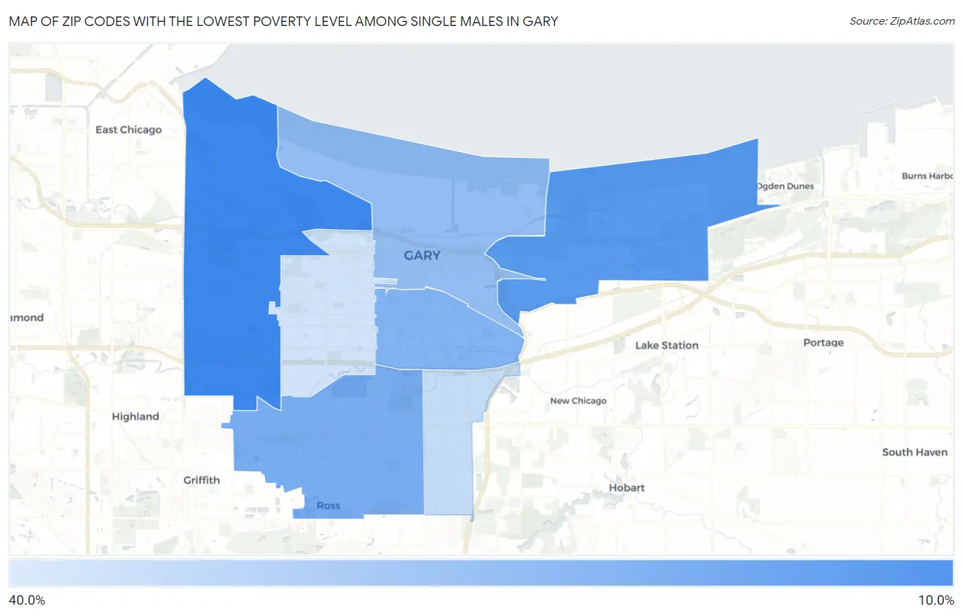 Zip Codes with the Lowest Poverty Level Among Single Males in Gary Map