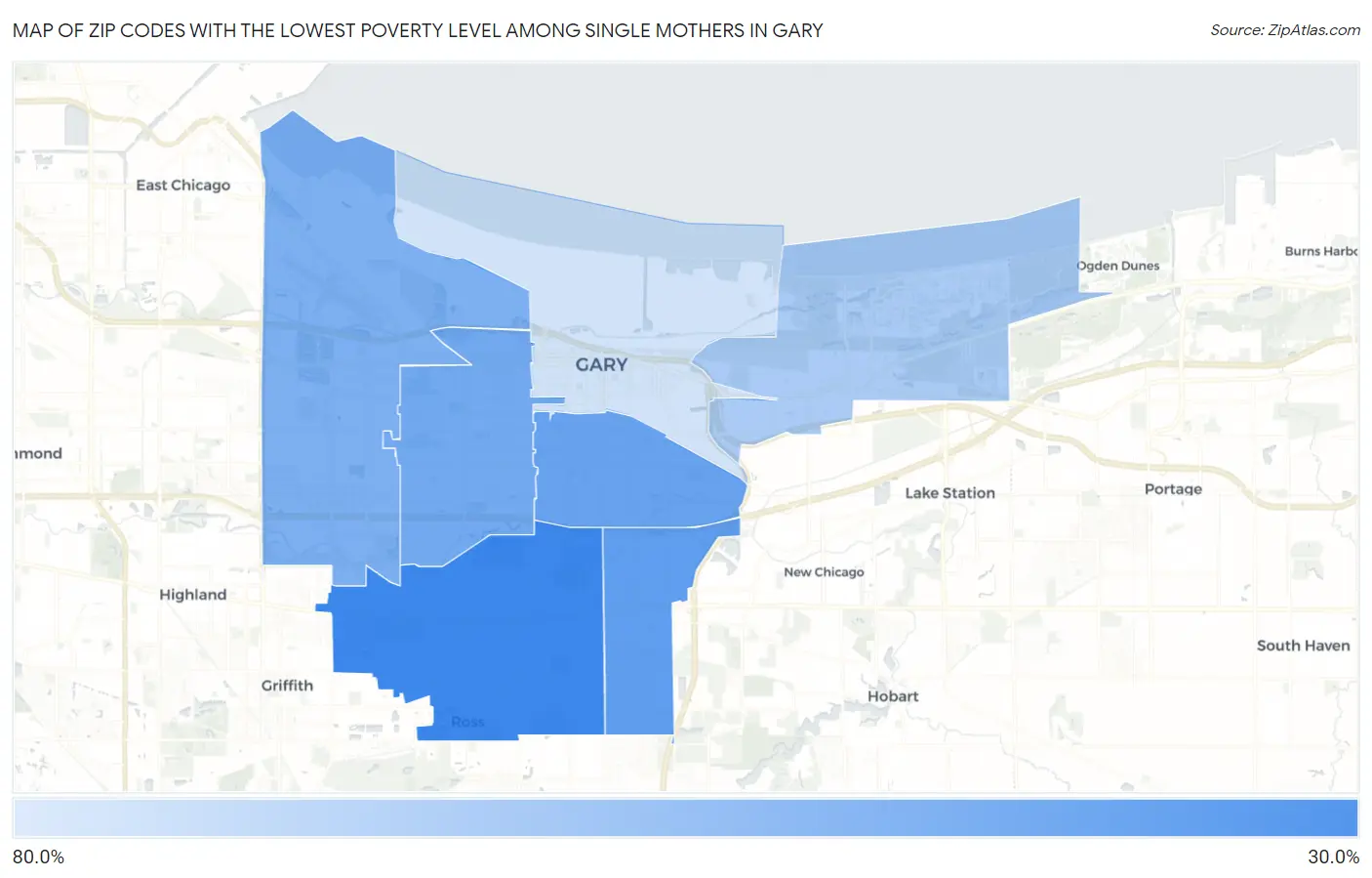 Zip Codes with the Lowest Poverty Level Among Single Mothers in Gary Map