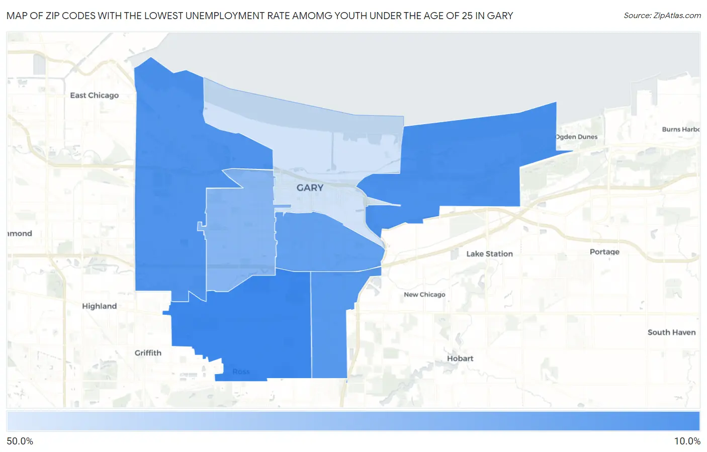 Zip Codes with the Lowest Unemployment Rate Amomg Youth Under the Age of 25 in Gary Map