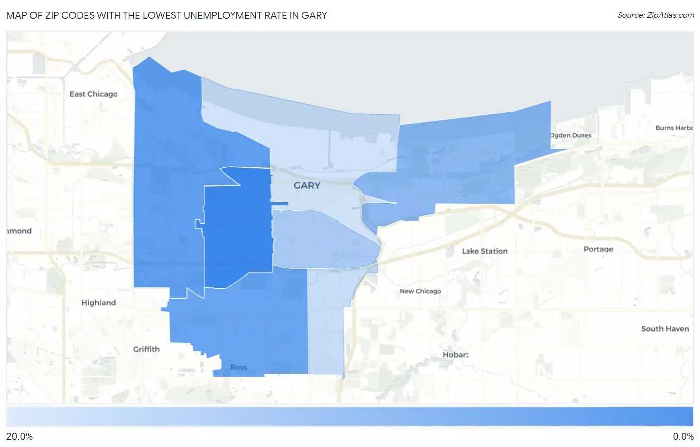 Zip Codes with the Lowest Unemployment Rate in Gary Map